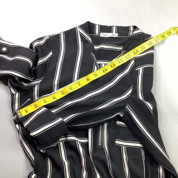 Striped Black & White Midi Dress Roll-Up Sleeves Drawstring Waist Old Money - Picture 5 of 10